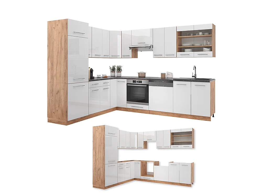 Hjørnekøkken hvid højglans/guld power oak 227x60x81.6 fame-line