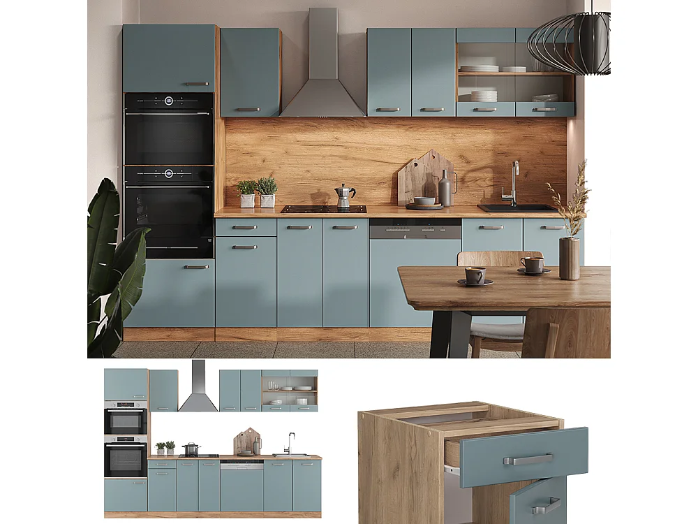 Cuisine bleu-gris/chêne doré 300x60x81.6 r-line