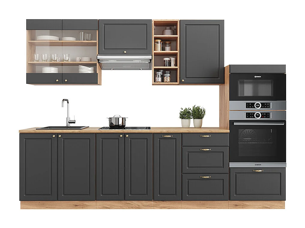 Küchenzeile anthrazit landhaus/goldkraft eiche 280x60x81.6 fame-line