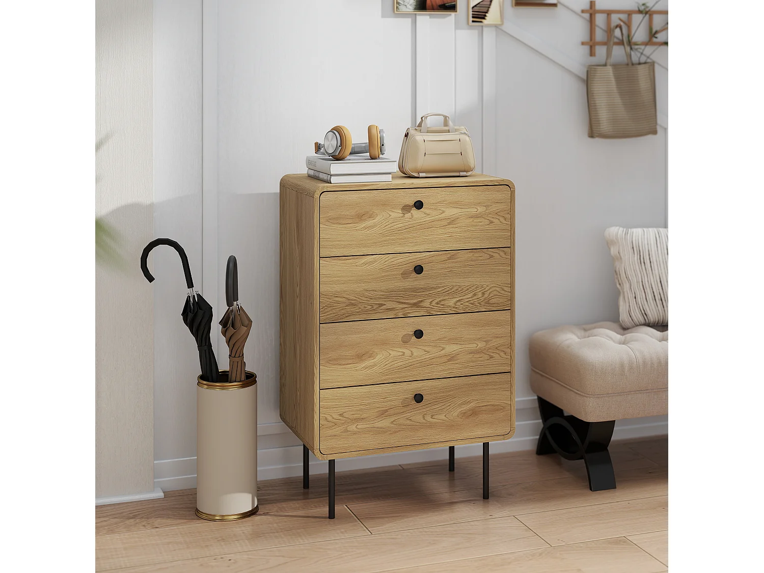 Commode 4 tiroirs style vintage effet bois coins biseautés piètement métal poignées bouton noir