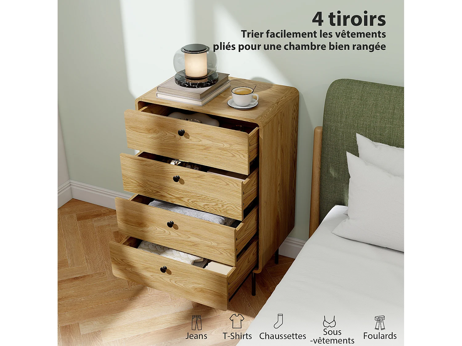 Commode 4 tiroirs style vintage effet bois coins biseautés piètement métal poignées bouton noir