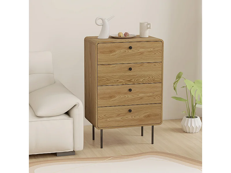 Commode 4 tiroirs style vintage effet bois coins biseautés piètement métal poignées bouton noir