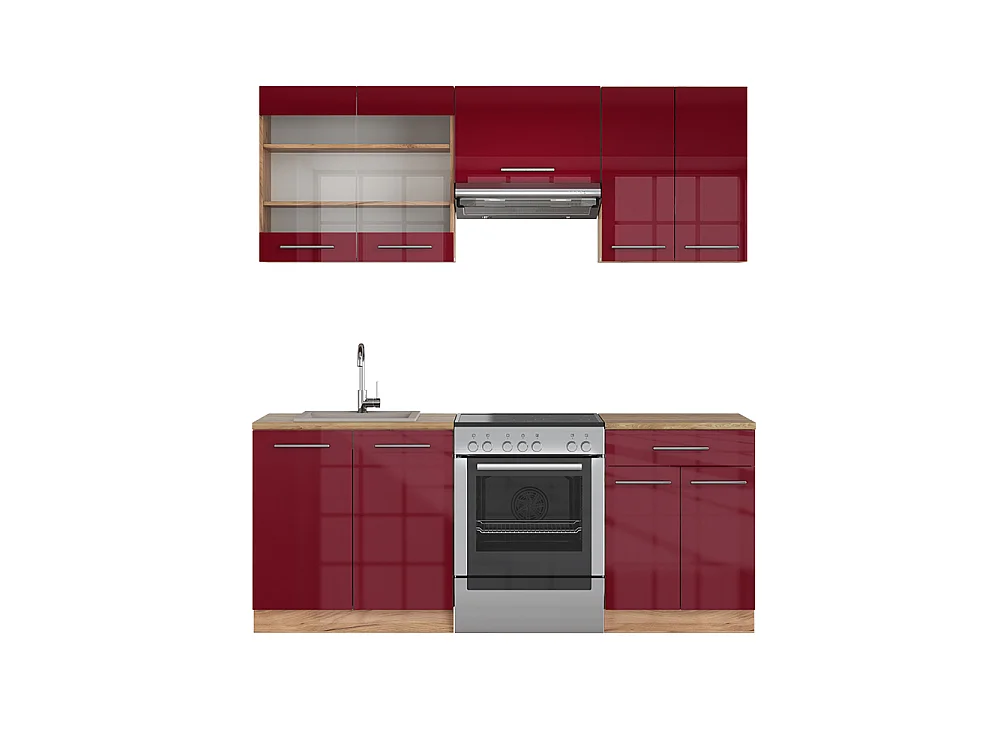 Køkkenrække bordeaux højglans/gylden eg 200x60x81.6 fame-line