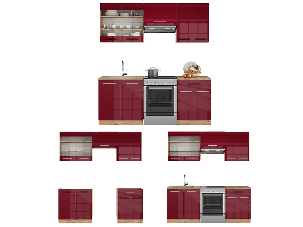 Køkkenrække bordeaux højglans/gylden eg 200x60x81.6 fame-line