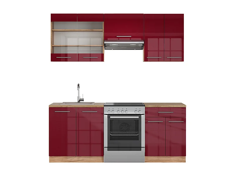 Complete keukeneenheid bordeaux hoogglans/gouden eik 200x60x81.6 fame-line