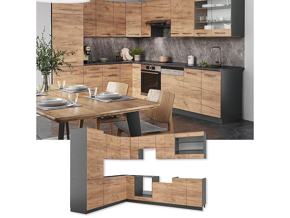 Cucina angolare completa Rovere dorato/antracite 287x60x81.6 fame-line