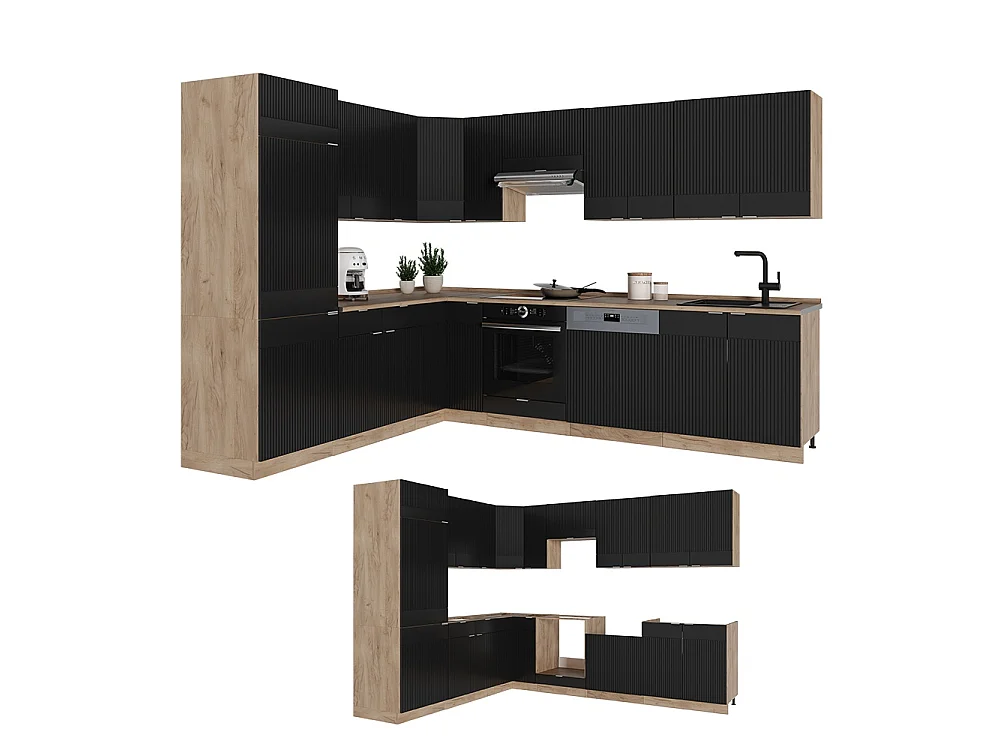 Hjørnekøkken sort stribet/gylden eg 287x60x81.6 fame-line