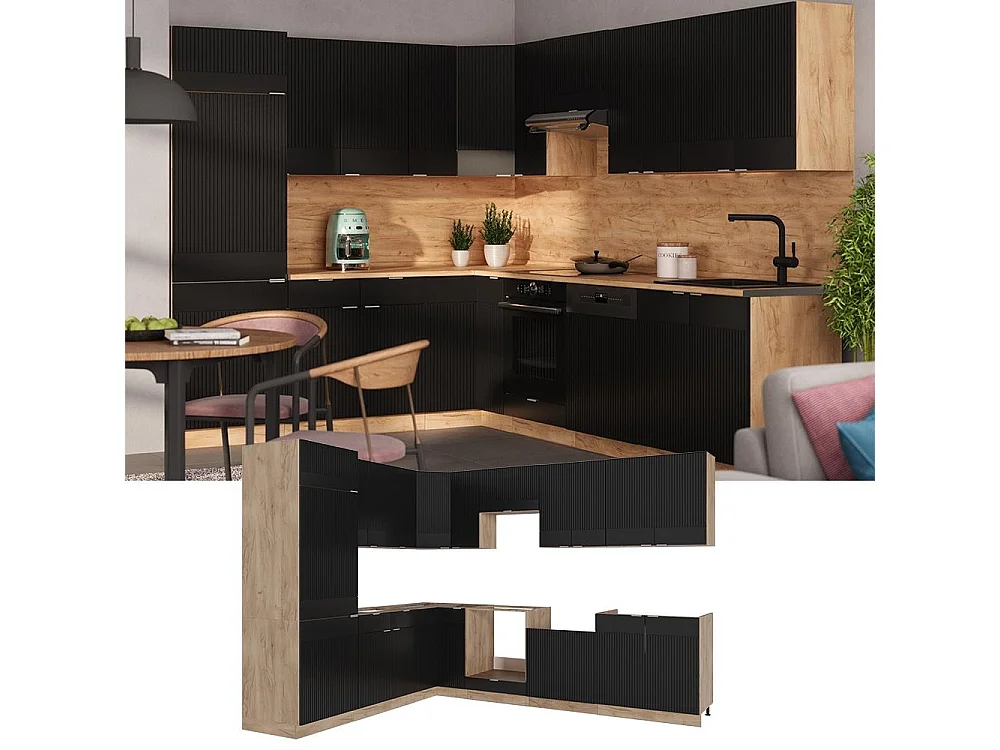 Kogoszczona kuchnia czarne paski/dąb goldkraft 287x60x81.6 fame-line