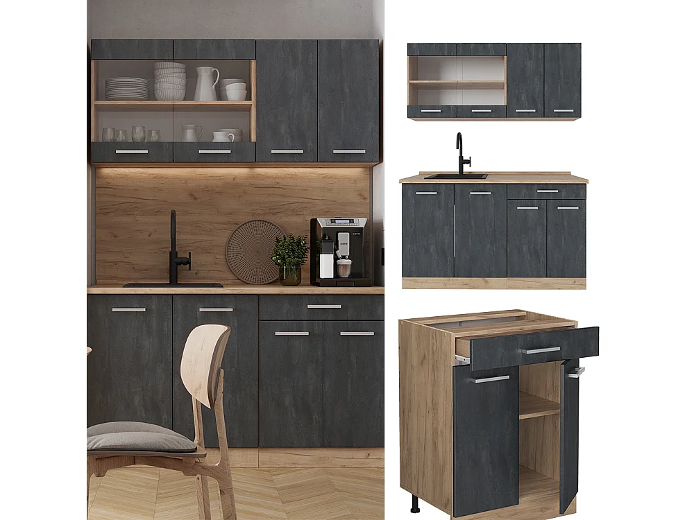 Cocina versátil hormigón negro/roble dorado 140x60x81.6 r-line