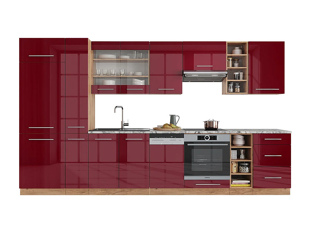 Küchenzeile bordeaux hochglanz/goldkraft eiche 355x60x81.6 fame-line