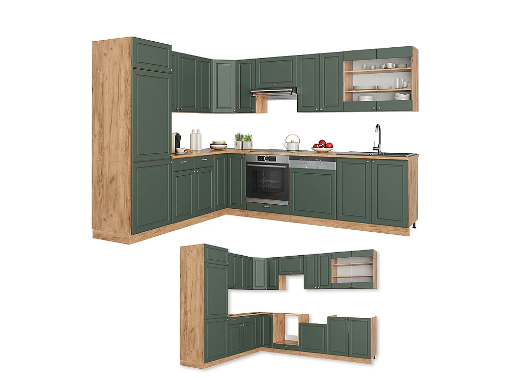 Hoekkeuken groen-goud land/goud power eik 227x60x81.6 fame-line