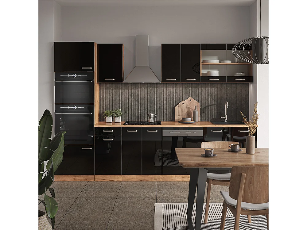 Mueble de cocina roble negro/dorado de alto brillo 300x60x81.6 r-line