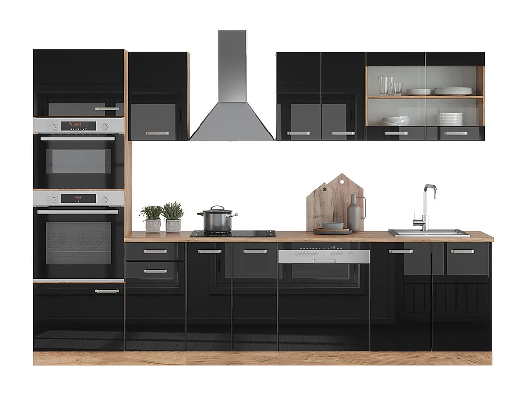 Mueble de cocina roble negro/dorado de alto brillo 300x60x81.6 r-line