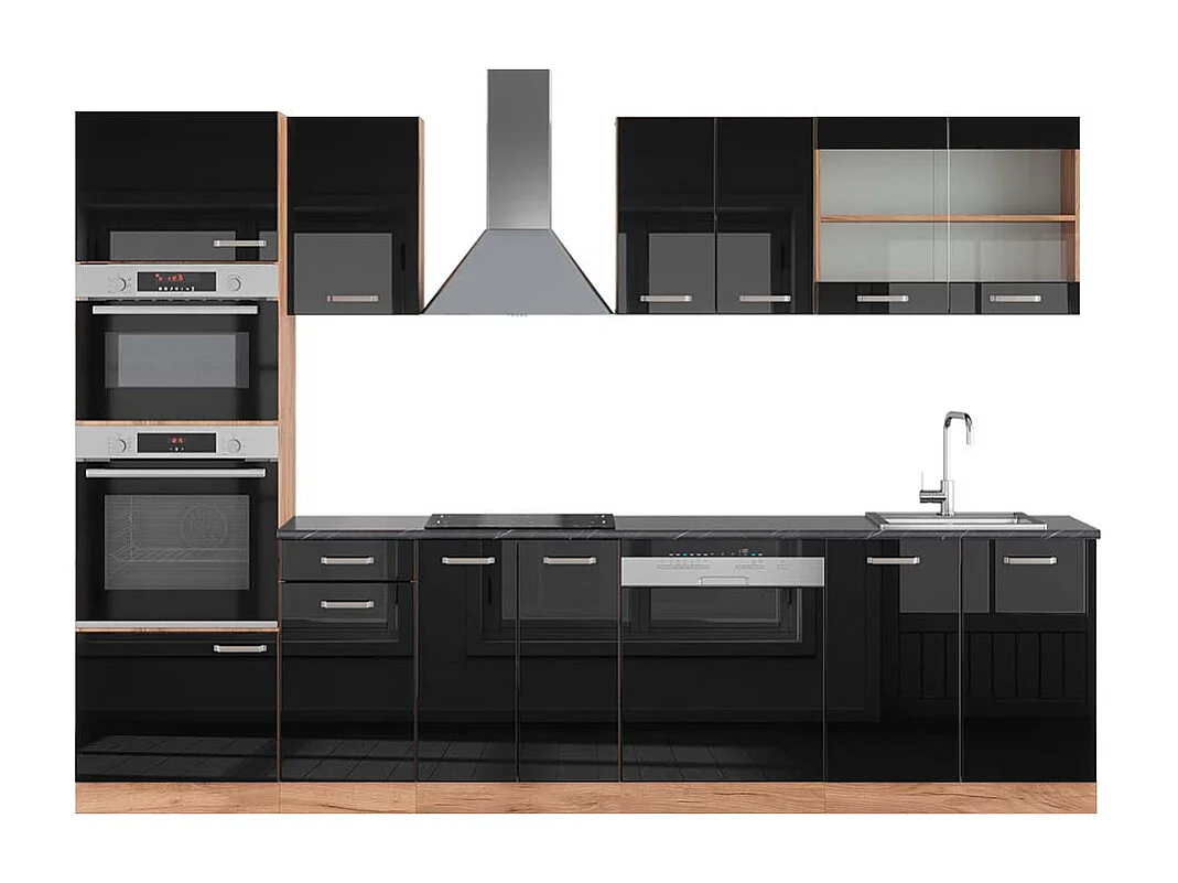 Küchenzeile schwarz hochglanz/goldkraft eiche 300x60x81.6 r-line