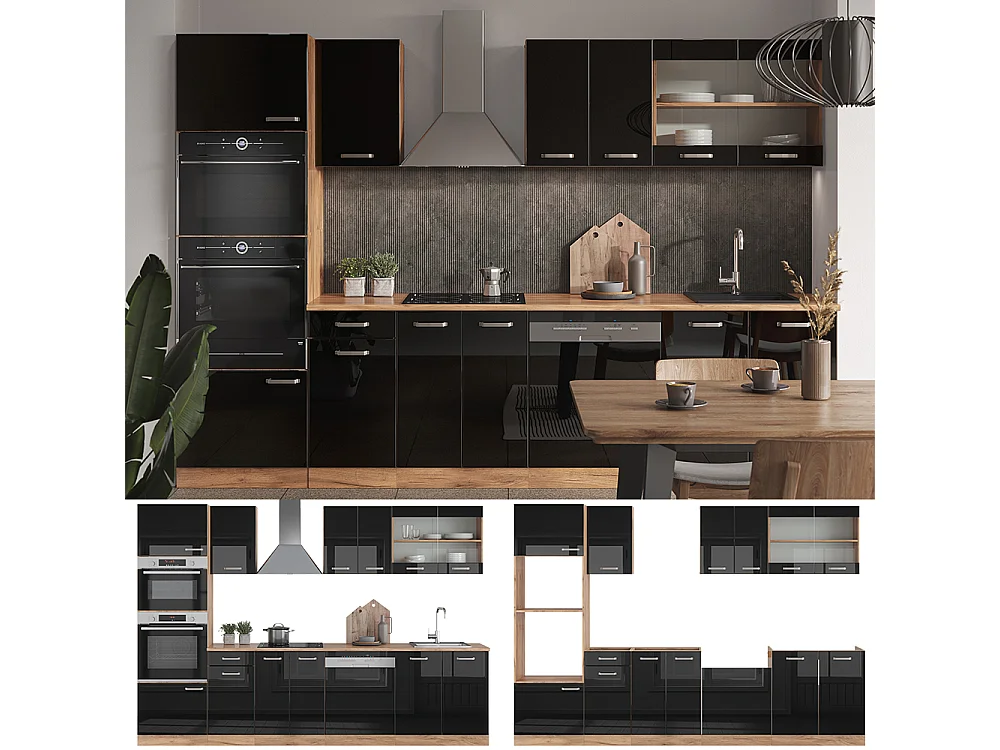 Küchenzeile schwarz hochglanz/goldkraft eiche 300x60x81.6 r-line