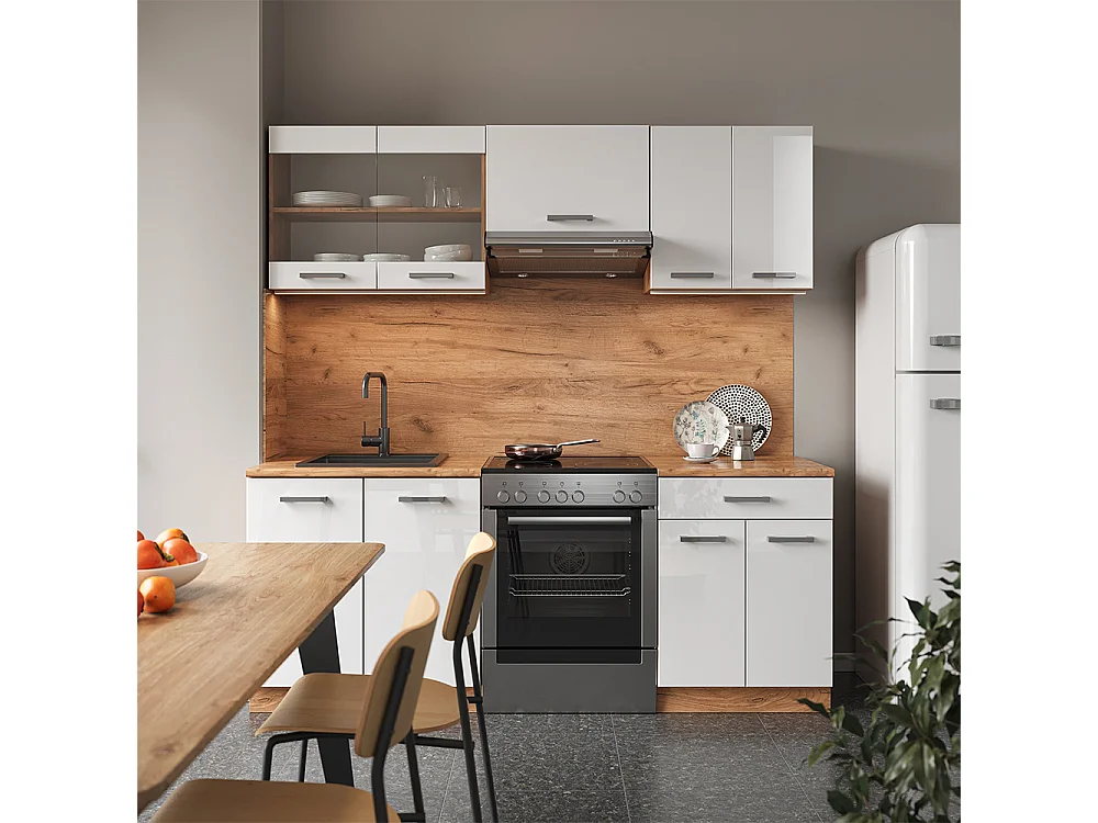 Køkkenrække hvid højglans/guld power oak 200x60x81.6 r-line