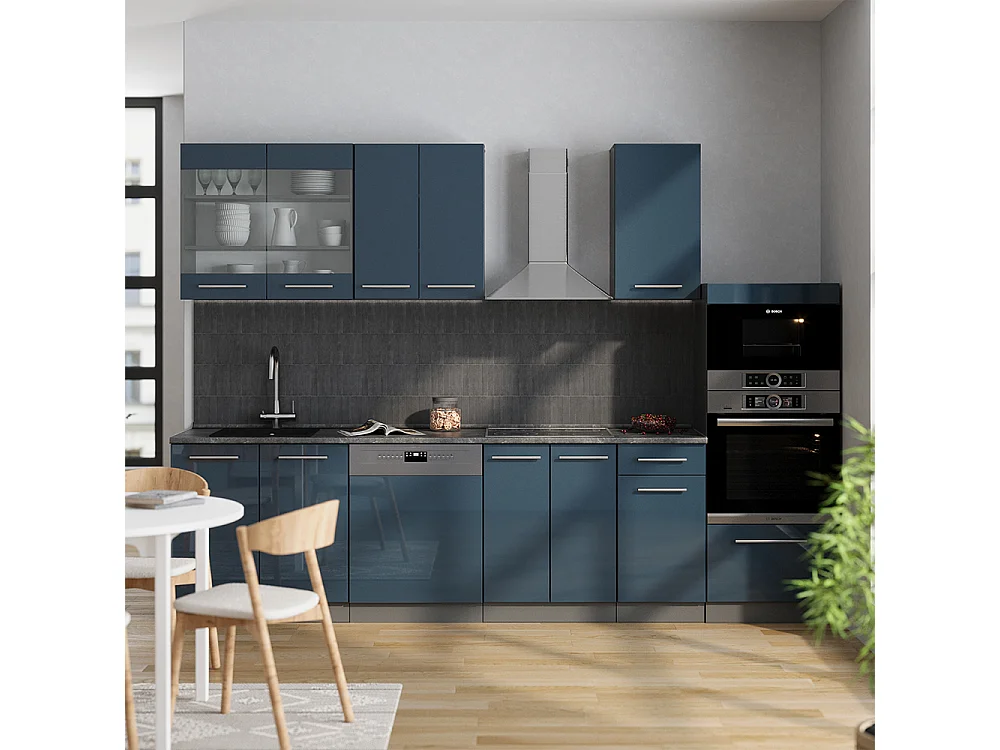 Mueble de cocina azul oscuro alto brillo/antracita 300x60x81.6 fame-line