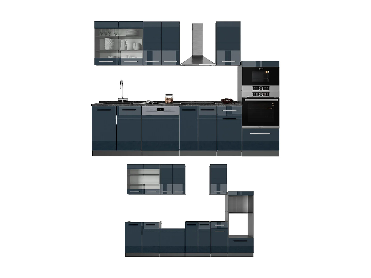 Mueble de cocina azul oscuro alto brillo/antracita 300x60x81.6 fame-line