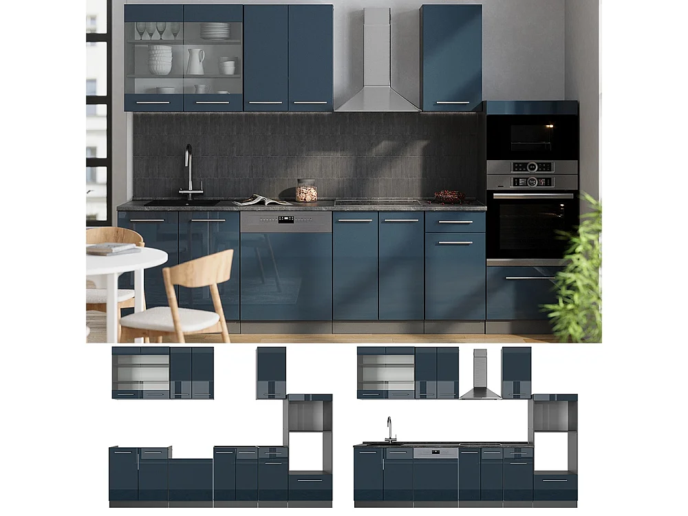 Mueble de cocina azul oscuro alto brillo/antracita 300x60x81.6 fame-line