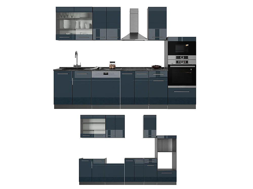 Mueble de cocina azul oscuro alto brillo/antracita 300x60x81.6 fame-line