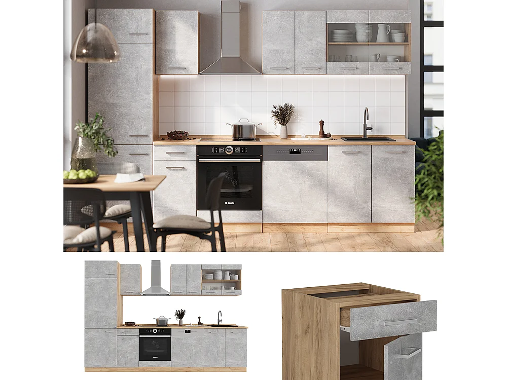 Cuisine béton/force dor chêne 300x60x81.6 r-line