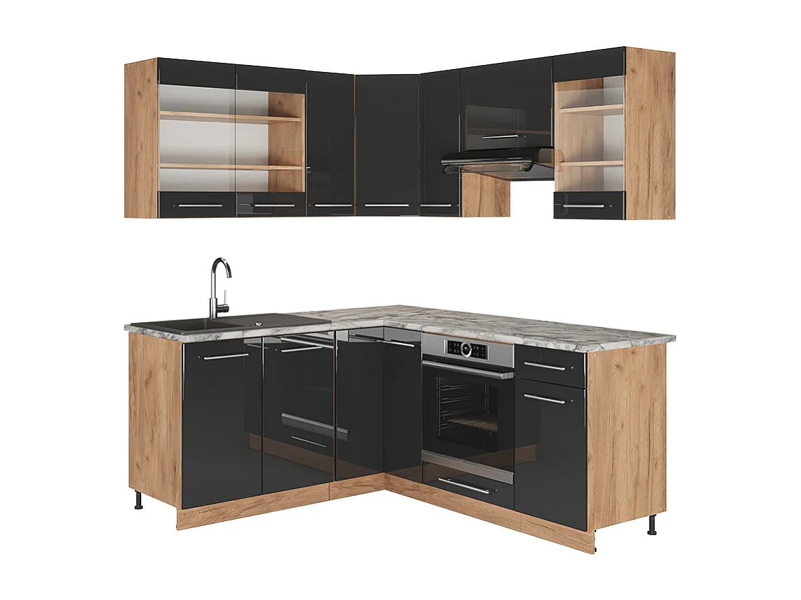 Cuisine en angle anthracite brillant/chêne doré 190x46x81.6 fame-line