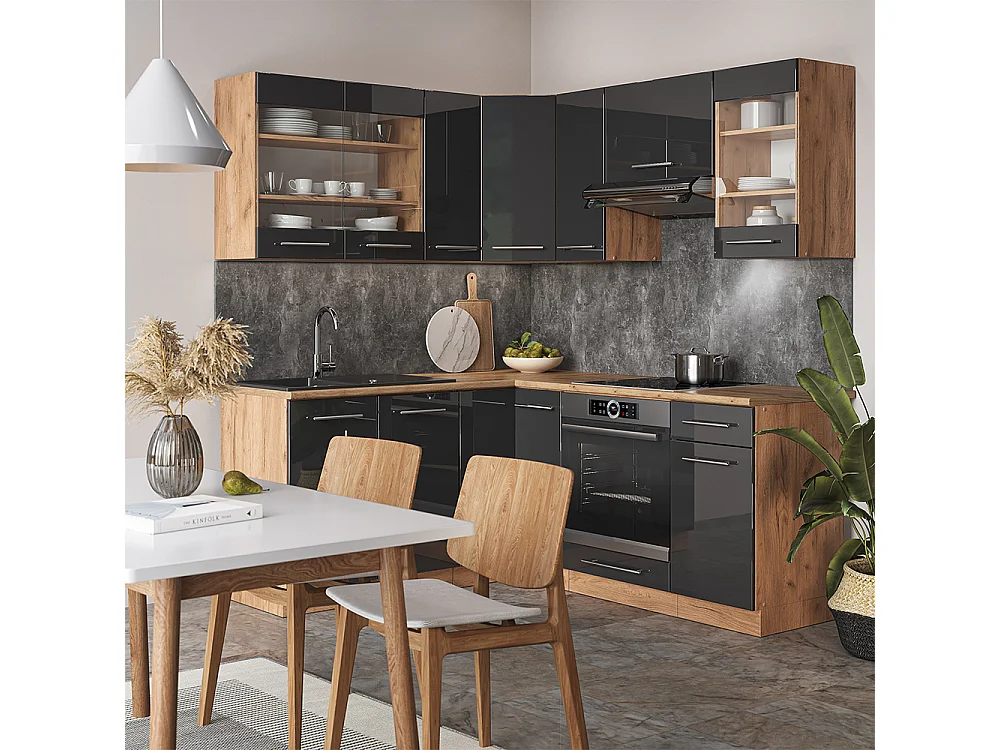Cuisine en angle anthracite brillant/chêne doré 190x46x81.6 fame-line