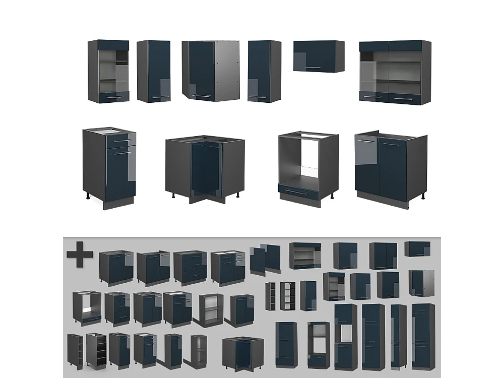 Armoires de cuisine  bleu foncé brillant/anthracite 190x46x81.6 fame-line