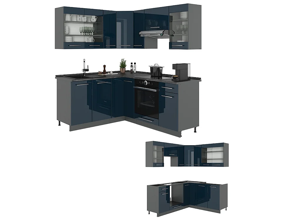 Armoires de cuisine bleu foncé brillant/anthracite 190x46x81.6 fame-line