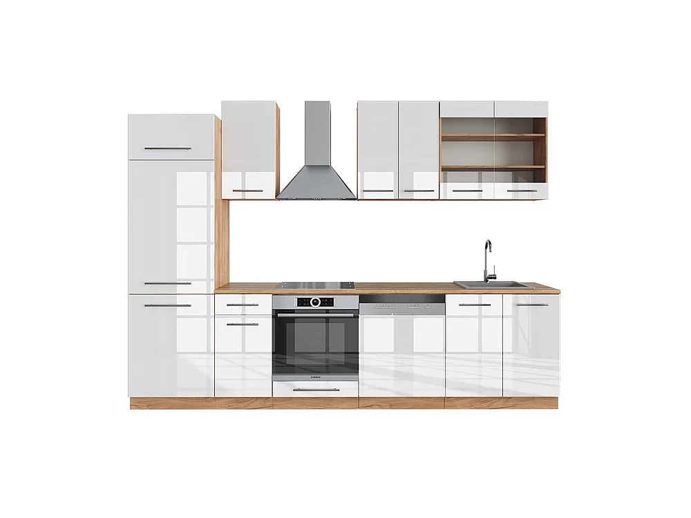 Køkkenrække hvid højglans/guld power oak 300x60x81.6 fame-line