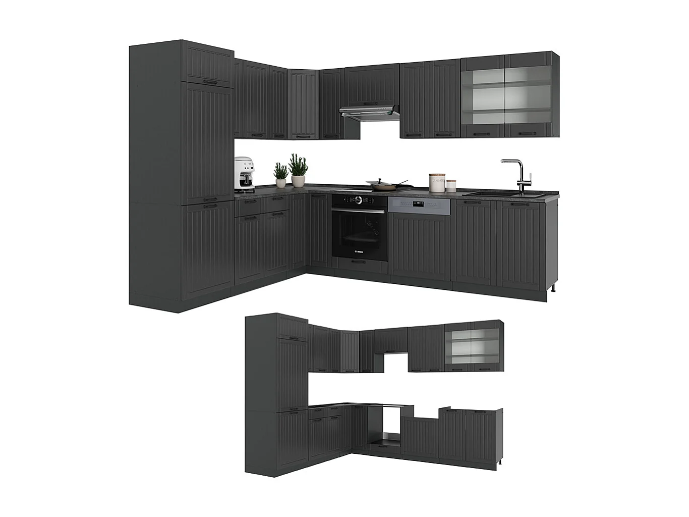 Cuisine en angle gris foncé 287x60x81.6 fame-line