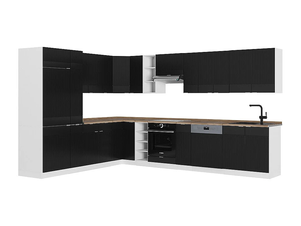 Cuisine en angle noir rayé/blanc 347x60x81.6 fame-line