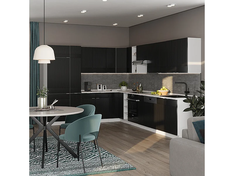 Hoekkeuken zwart gestreept/wit 347x60x81.6 fame-line