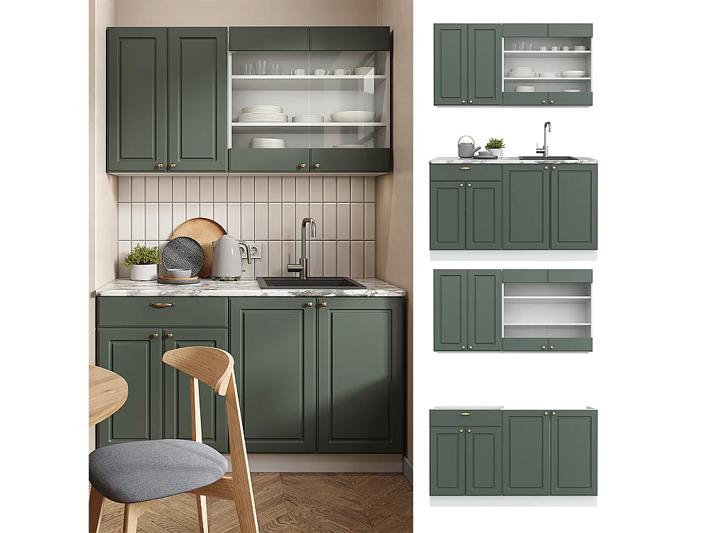 Cocina para solteros verde-dorado casa de campo/blanco 140x46x81.6 fame-line