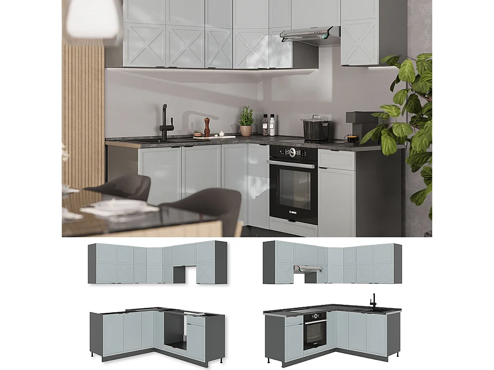 Hörnkök ljusblågrå/antracit 190x60x81.6 fame-line