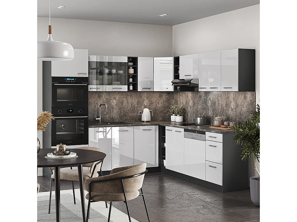 Cuisine en angle blanc brillant/anthracite 247x60x81.6 r-line