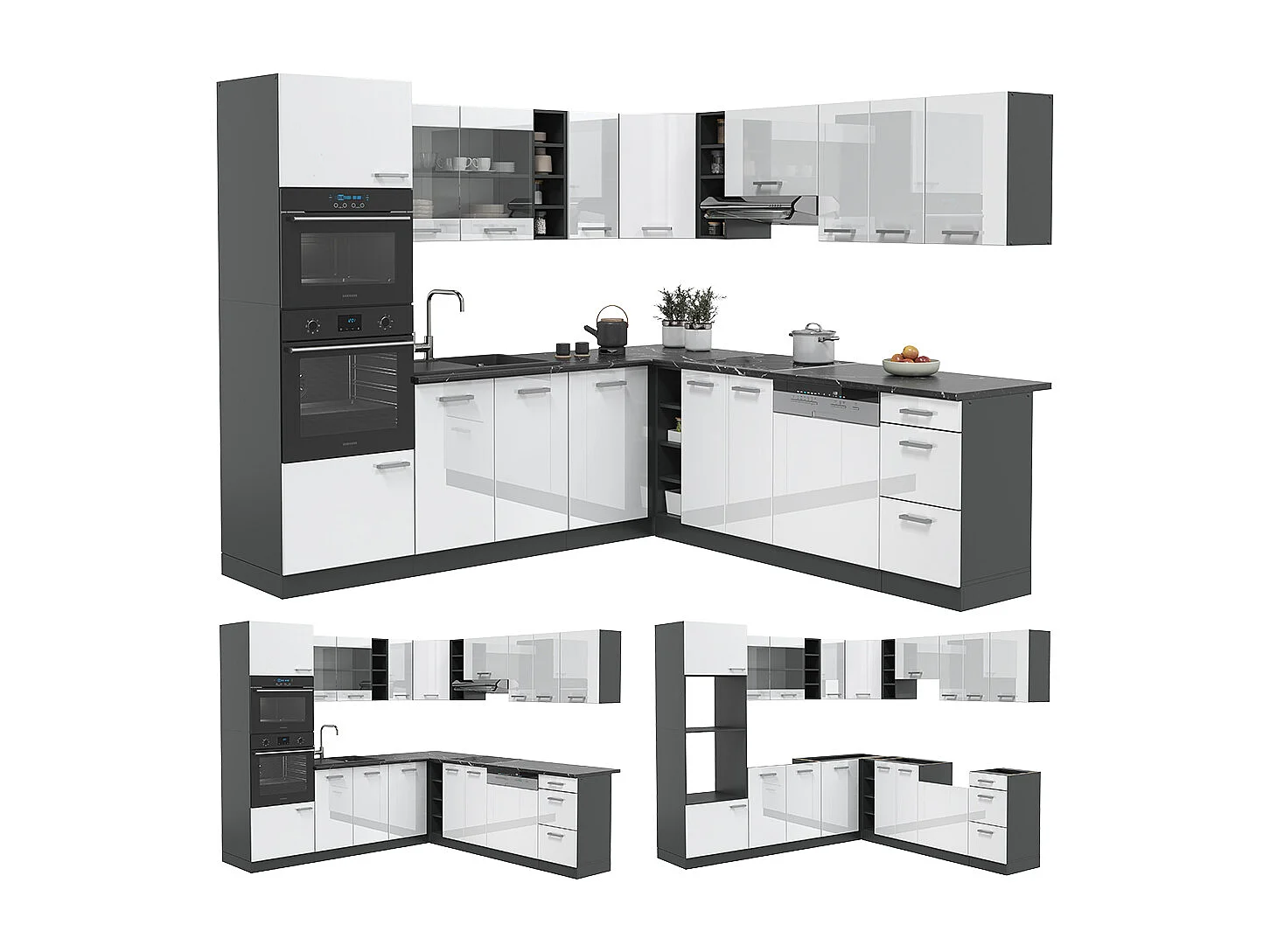 Cuisine en angle blanc brillant/anthracite 247x60x81.6 r-line