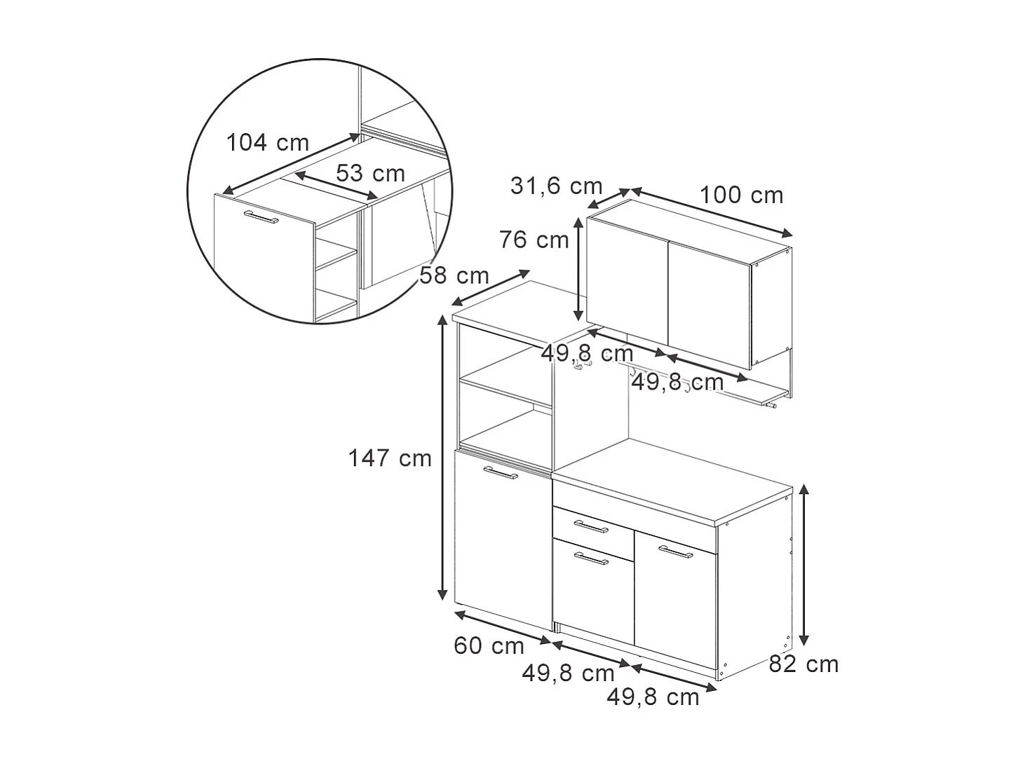 Cocina individual antracita 160x60x81.6 egbert