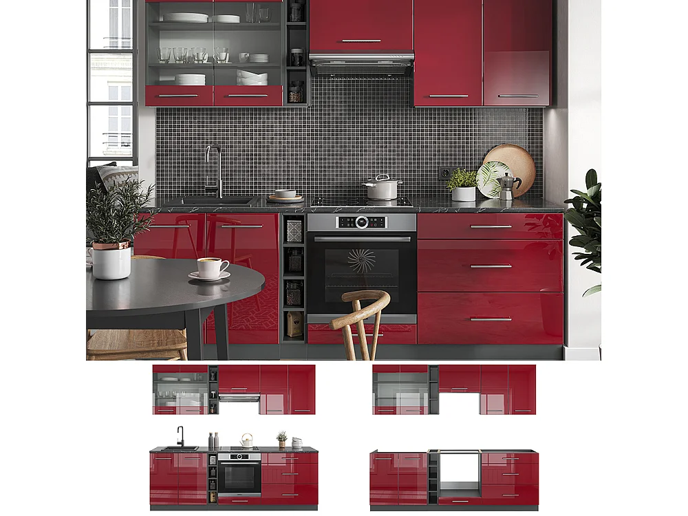 Mueble de cocina burdeos brillo intenso/antracita 235x60x81.6 fame-line