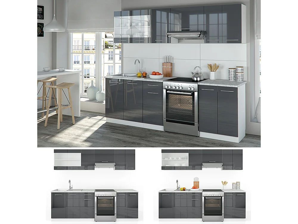 Ligne de cuisine anthracite brillant/blanc 240x60x81.6 raul