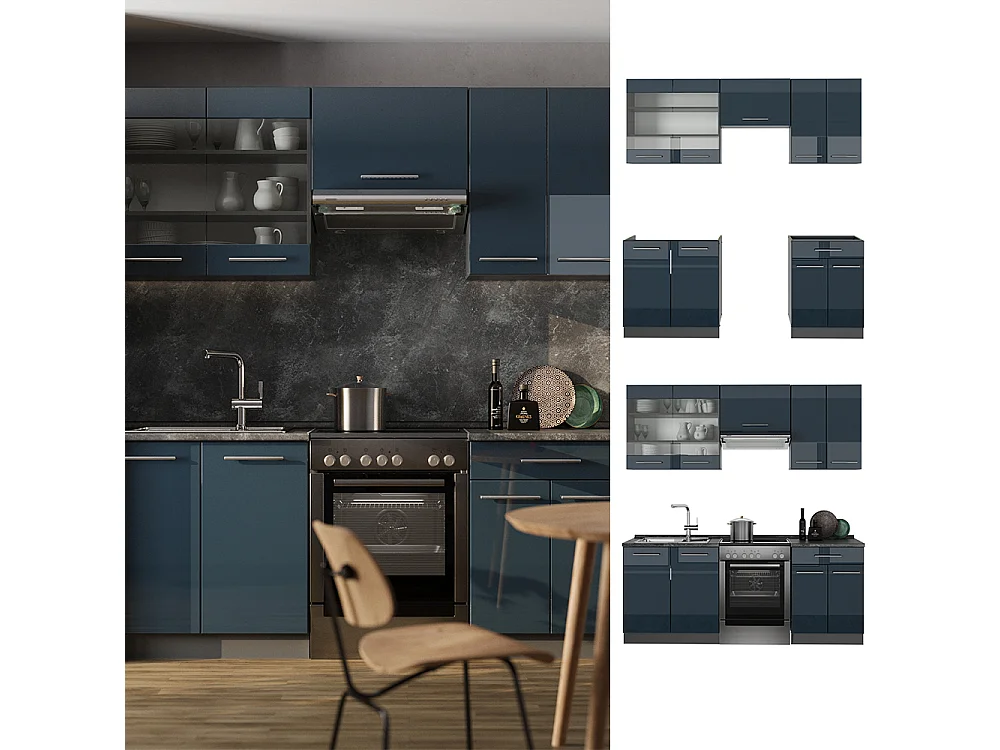 Armarios de cocina  azul oscuro alto brillo/antracita 200x60x81.6 fame-line