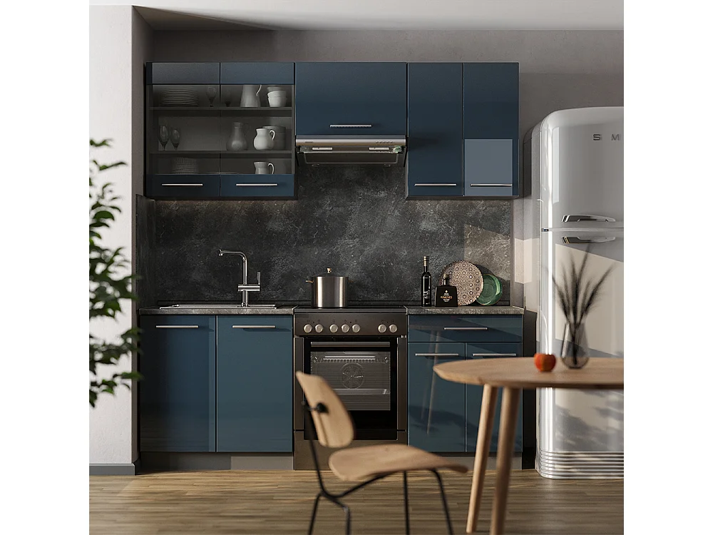 Armoires de cuisine  bleu foncé brillant/anthracite 200x60x81.6 fame-line