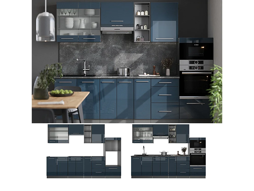 Muebles de cocina  azul oscuro alto brillo/antracita 280x46x81.6 fame-line