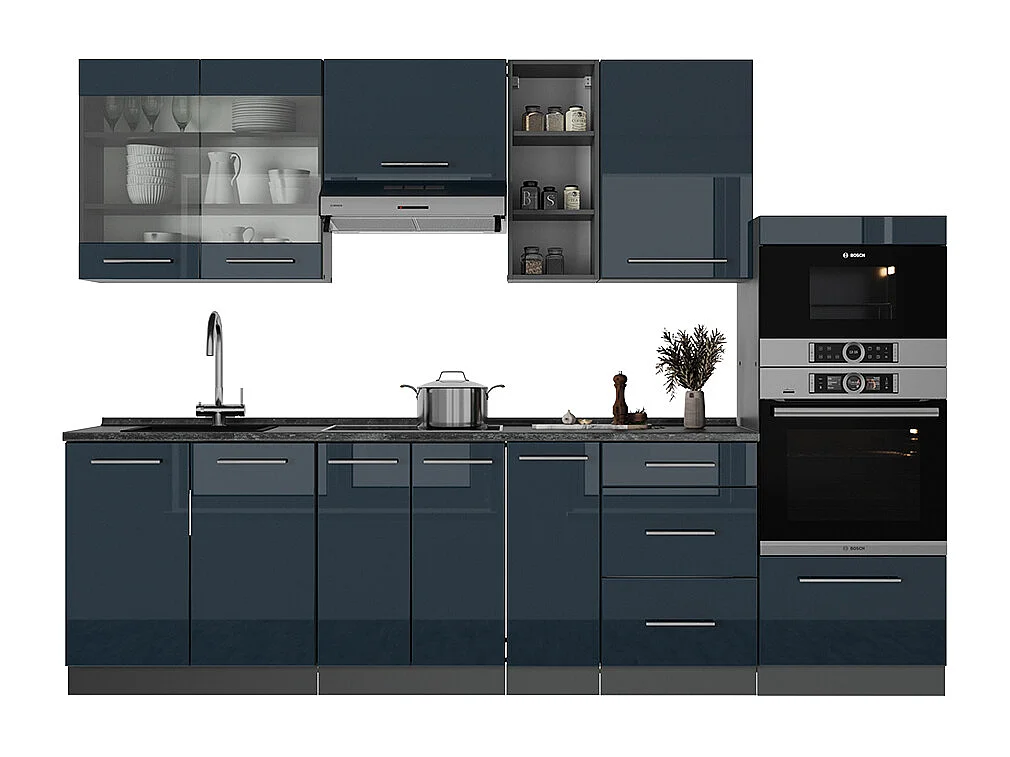 Muebles de cocina  azul oscuro alto brillo/antracita 280x46x81.6 fame-line