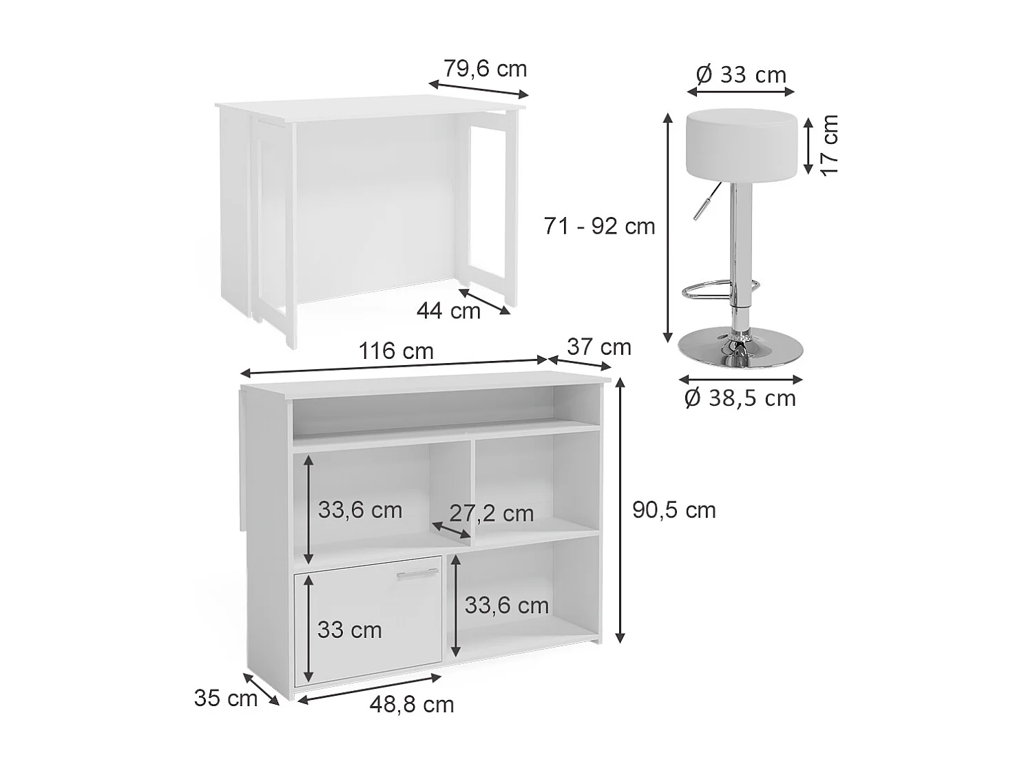 Set de table de bar blanc 116x37x90.5 dominic