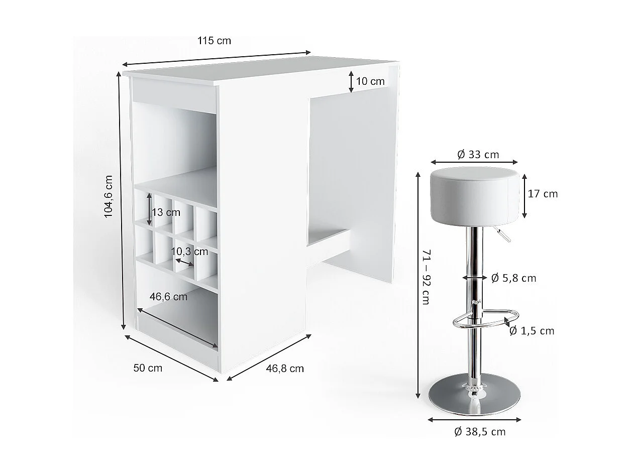 Tavolo bar con sgabelli bianco 115x50x104.6 ross