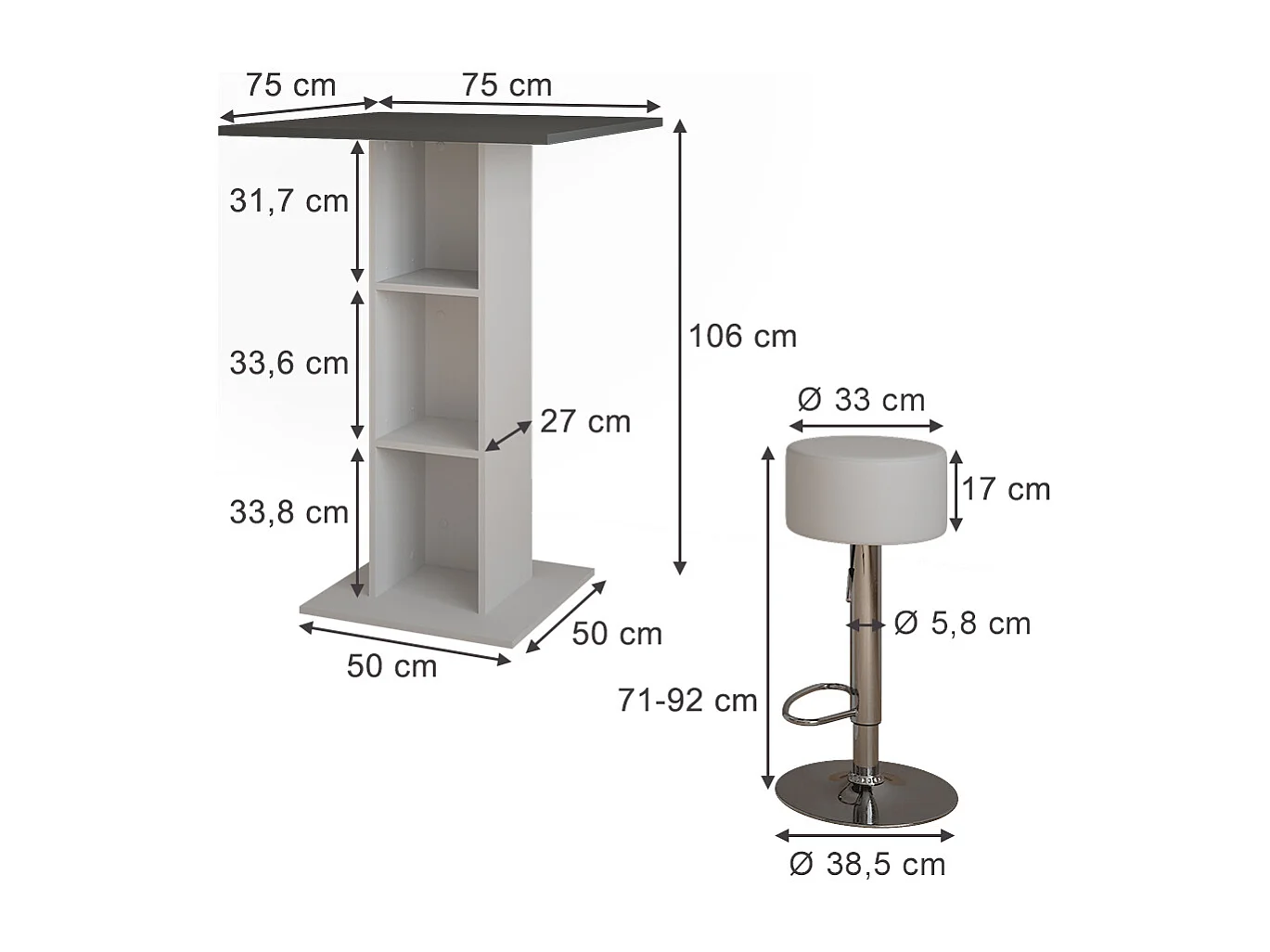 Set de table de bar béton/blanc 75x75x106 repose