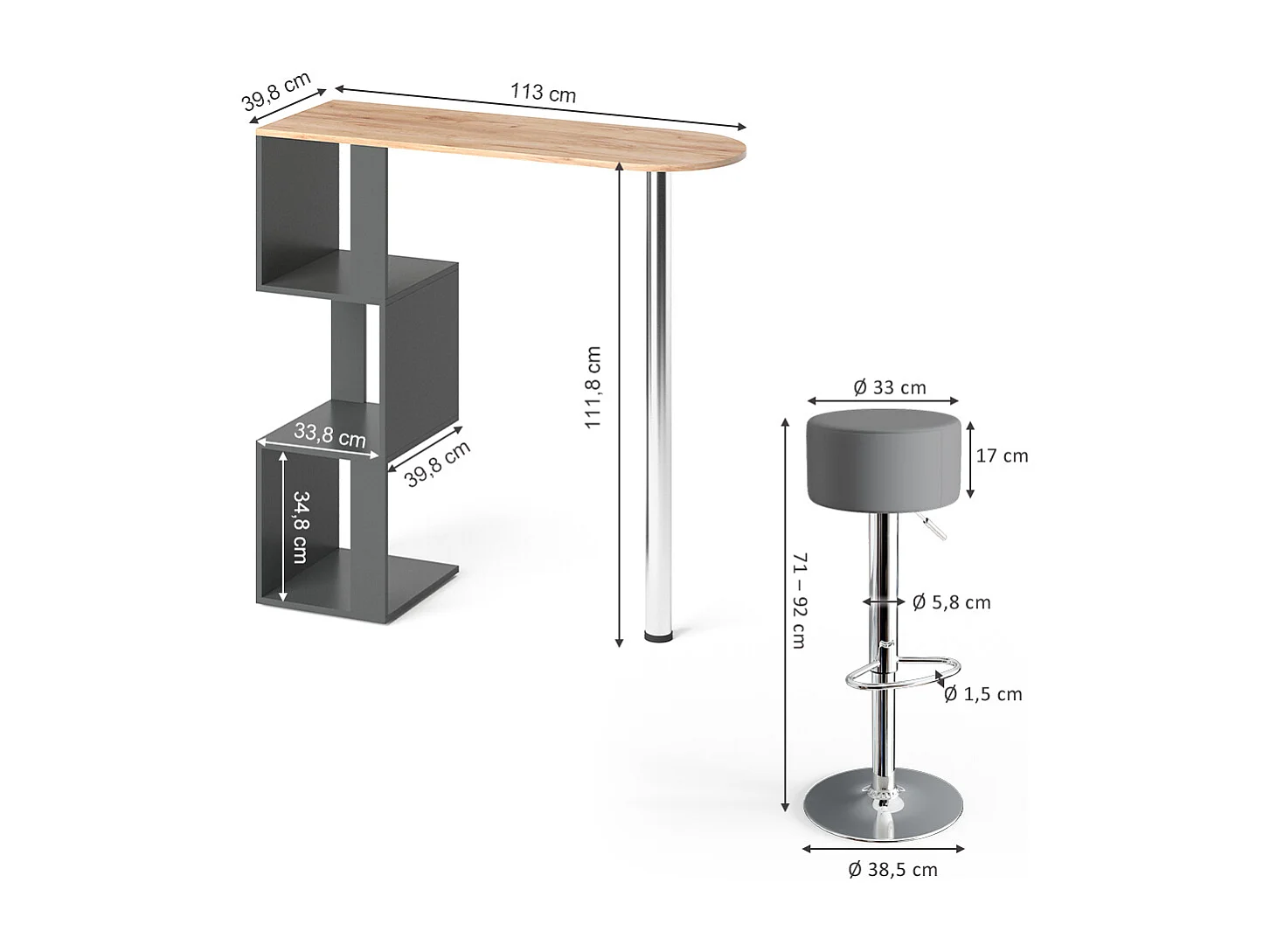 Set de table de bar chêne de force doré 113x39.8x111.8 vincent