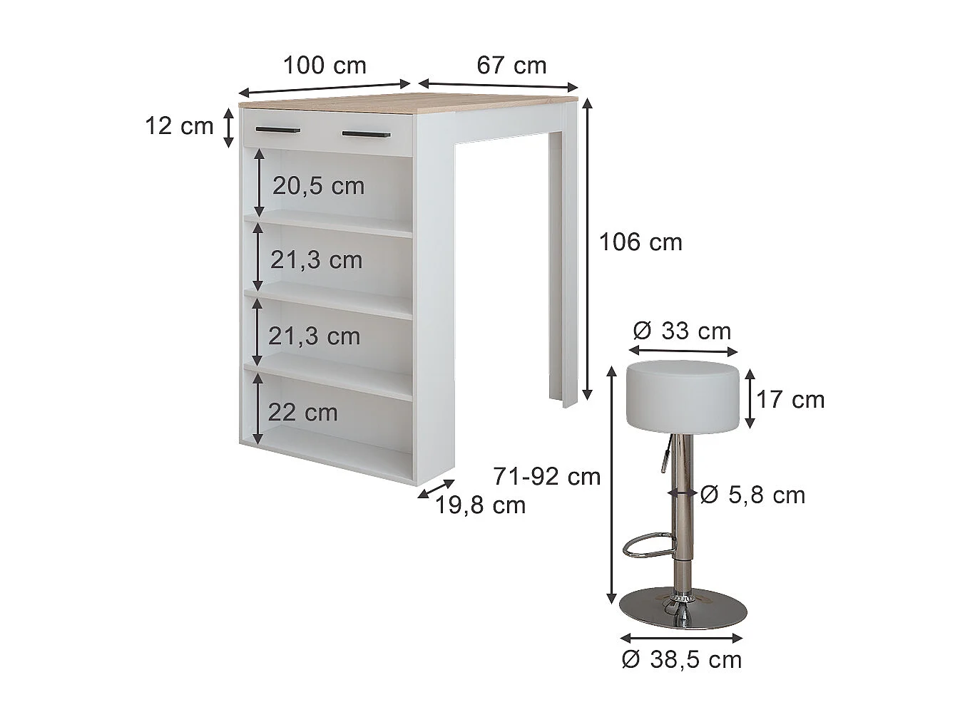 Bar table set white/sonoma 67x100x106 repose