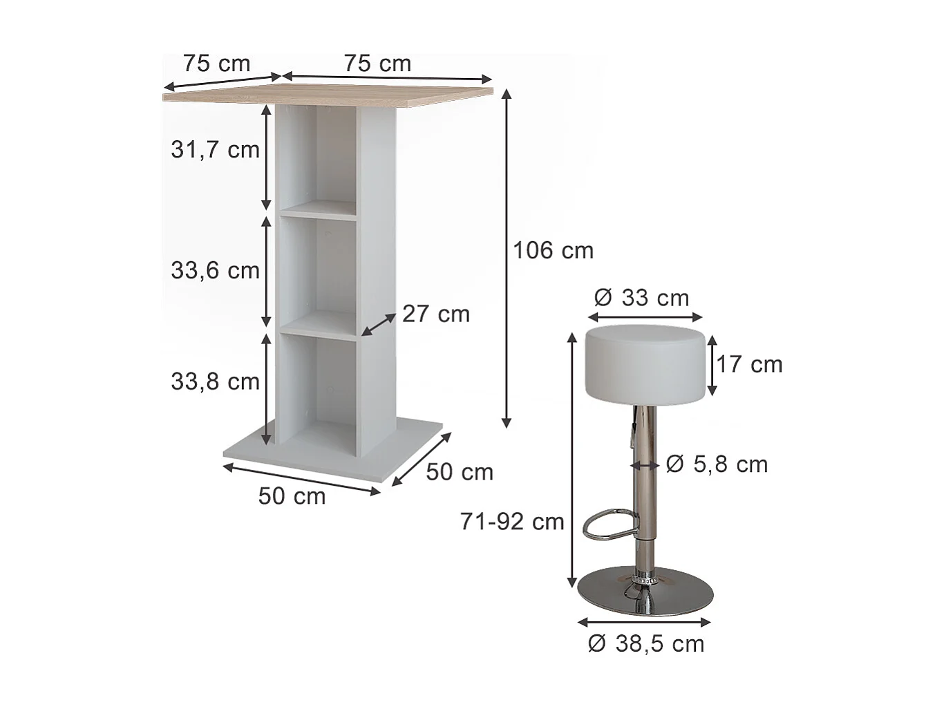 tavolo bar con sgabelli bianco/sonoma 75x75x106 repose